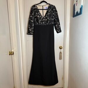 JS Collections Long Black Cocktail Dress with Black Crocheted Nude Top - Size 12